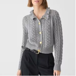 J. Crew Cable Knit Button Front Ruffle Collar Wool Blend Cardigan Size XS grey a